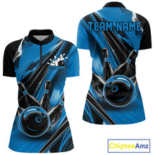 Load image into Gallery viewer, Custom Black And Blue Bowling Jerseys For Women, Bowling Team Shirts With Name IPHW10966