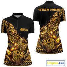 Load image into Gallery viewer, Custom Black And Gold Tribal Flame Bowling Women Shirts, Polynesian Bowler Outfit IPHW10973