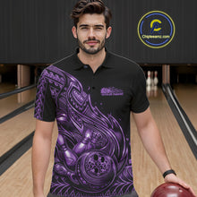 Load image into Gallery viewer, Custom Black And Purple Tribal Flame Bowling Men Polo Shirts, Polynesian Bowler Outfit IPHW10974