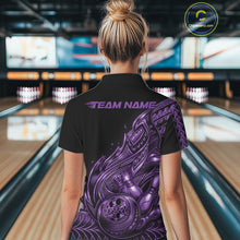 Load image into Gallery viewer, Custom Black And Purple Tribal Flame Bowling Women Polo Shirts, Polynesian Bowler Outfit IPHW10974