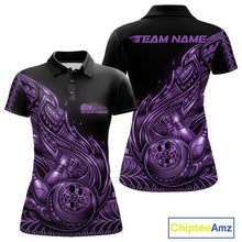 Load image into Gallery viewer, Custom Black And Purple Tribal Flame Bowling Women Polo Shirts, Polynesian Bowler Outfit IPHW10974