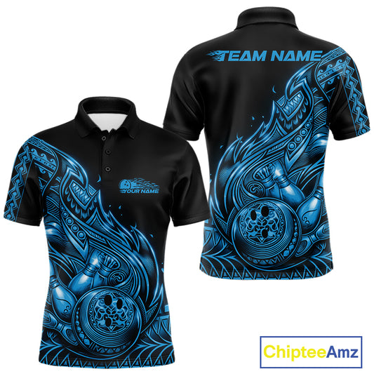 Front and back views of a black and blue mens bowling polo shirt showcasing bowling pins and a ball with flowing tribal flame details.