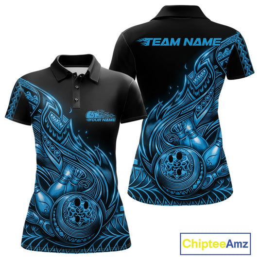 Front and back views of a black and blue womens bowling polo shirt with bowling pins and a ball surrounded by flowing tribal flames.