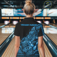 Load image into Gallery viewer, Custom Black And Blue Tribal Flame Bowling Women Polo Shirts, Polynesian Bowler Outfit IPHW10975