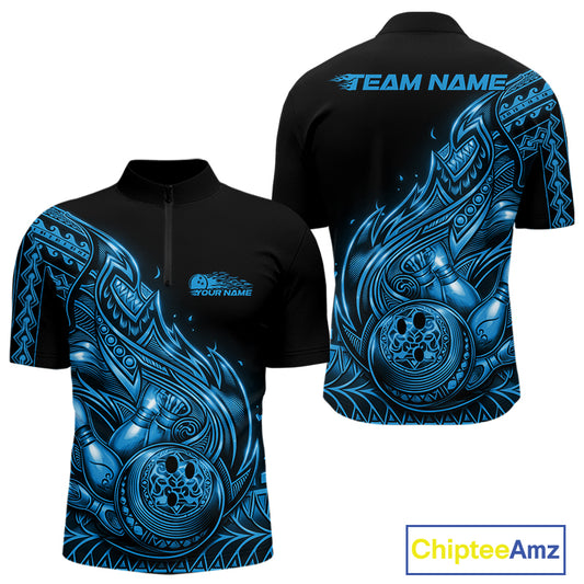 Front and back views of a black and blue mens bowling quarter-zip shirt with bowling pins and a ball framed by flowing tribal flames.