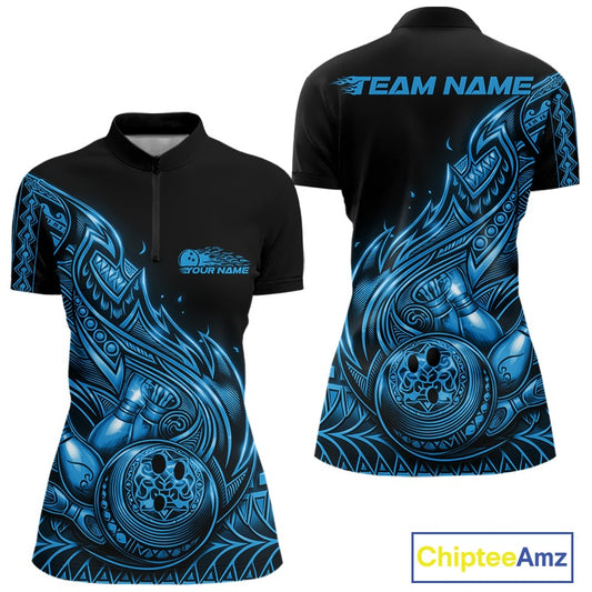 Front and back views of a black and blue womens bowling quarter-zip shirt with bowling pins and ball surrounded by flowing tribal flames.