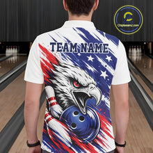Load image into Gallery viewer, Male model showcasing the back design of a custom red, white, and blue patriotic eagle men's bowling polo shirt with a customizable "TEAM NAME" text template at a bowling alley lane.