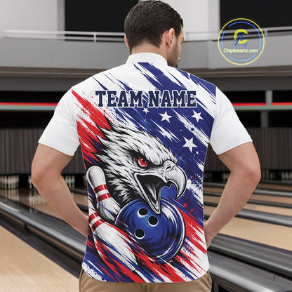 Man wearing a bowling shirt with an eagle design and 'TEAM NAME' text in a bowling alley.