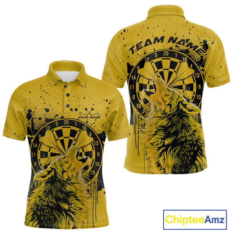 Custom Grunge Splatter Yellow Wolf Dart Men Polo Shirt, Wolf Dart Team Jerseys IPHW10018