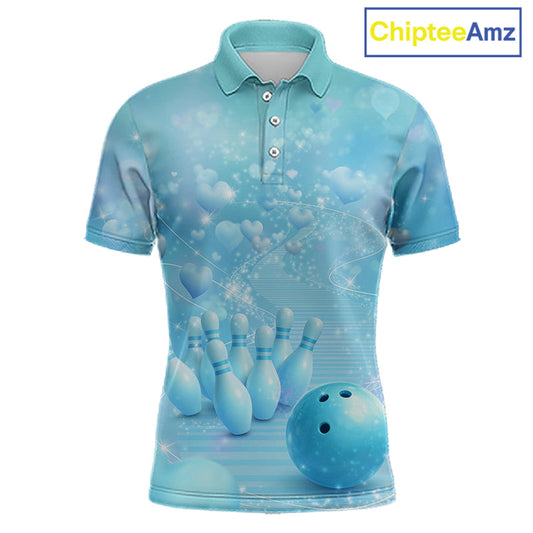 Custom Blue Valentine Bowling Shirts For Couple, Heart Theme Bowling Jerseys With His Name And Her Name IPHW10479