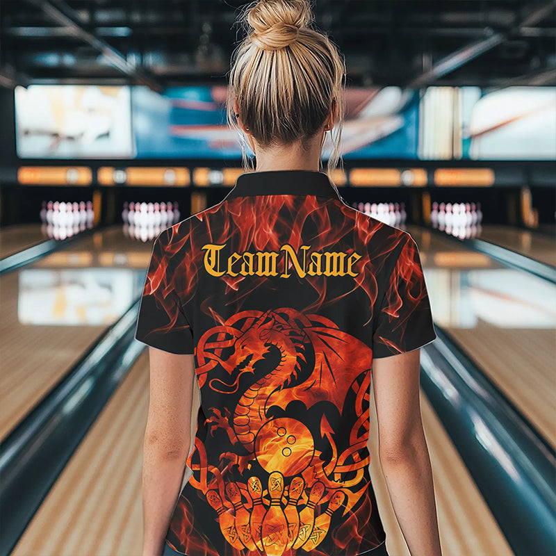 Custom Fire Flame Viking Dragon Bowling Womens Quarter-Zip Team Shirt, Celtic Bowling Shirt IPHW8587