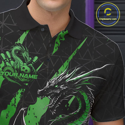 Custom Black And Green Dragon Bowling Men Polo Shirts, Team Bowling Jerseys IPHW10750