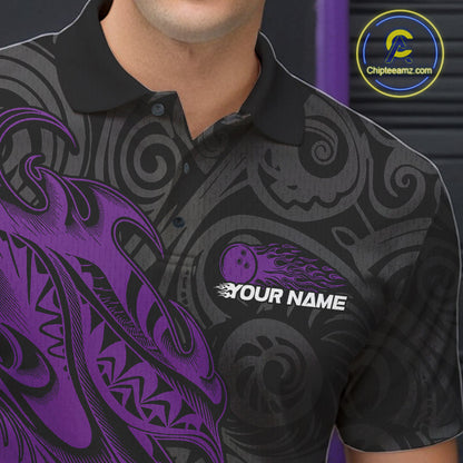 Custom Black And Purple Tribal Polynesian Bowling Team Men Shirts, Niho Mano Bowling Shirt IPHW10756