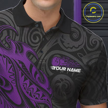Load image into Gallery viewer, Custom Black And Purple Tribal Polynesian Bowling Team Men Shirts, Niho Mano Bowling Shirt IPHW10756