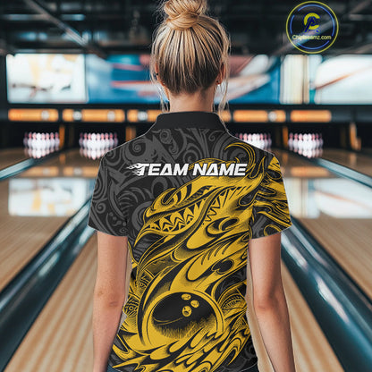 Custom Black And Yellow Tribal Polynesian Bowling Team Women Shirts, Niho Mano Bowling Shirt IPHW10758