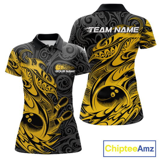 Custom Black And Yellow Tribal Polynesian Bowling Team Women Shirts, Niho Mano Bowling Shirt IPHW10758