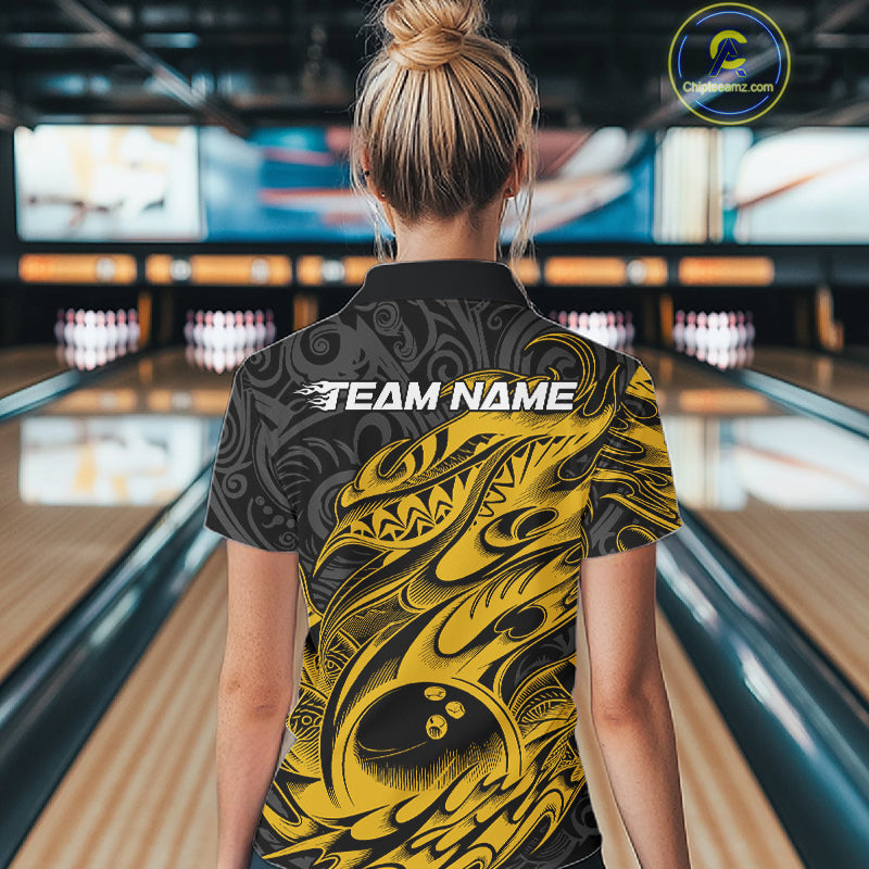 Custom Black And Yellow Tribal Polynesian Bowling Women Shirts, Niho Mano Bowling Shirt IPHW10758