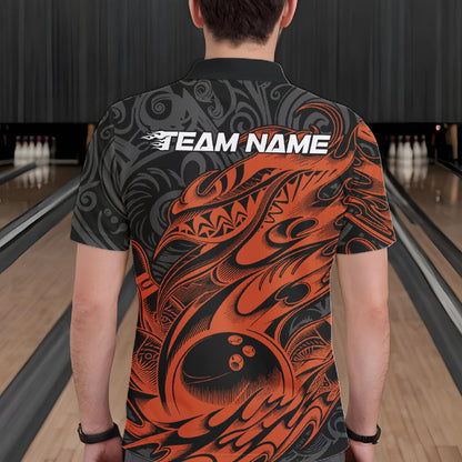 Custom Black And Orange Tribal Polynesian Bowling Team Men Shirts, Niho Mano Bowling Shirt IPHW10759