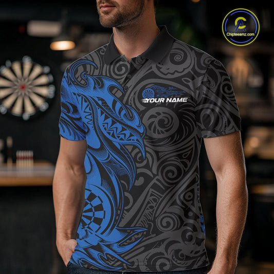 Custom Black And Blue Tribal Polynesian Dart Team Men Shirts, Niho Mano Dart Shirt IPHW10762