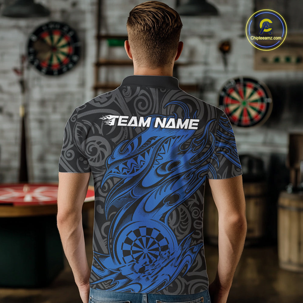 Custom Black And Blue Tribal Polynesian Dart Team Men Shirts, Niho Mano Dart Shirt IPHW10762