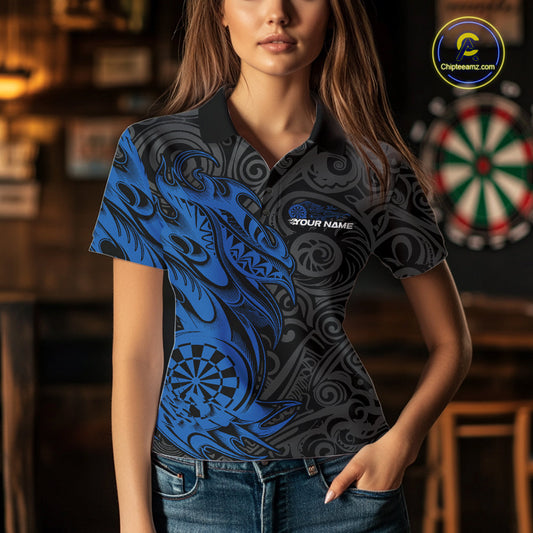 Custom Black And Blue Tribal Polynesian Dart Team Women Shirts, Niho Mano Dart Shirt IPHW10762