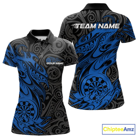 Custom Black And Blue Tribal Polynesian Dart Team Women Shirts, Niho Mano Dart Shirt IPHW10762