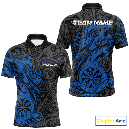 Custom Black And Blue Tribal Polynesian Dart Team Men Shirts, Niho Mano Dart Shirt IPHW10762