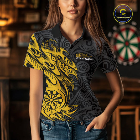 Custom Black And Yellow Tribal Polynesian Dart Team Women Shirts, Niho Mano Dart Shirt IPHW10763