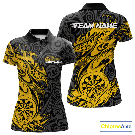 Custom Black And Yellow Tribal Polynesian Dart Team Women Shirts, Niho Mano Dart Shirt IPHW10763
