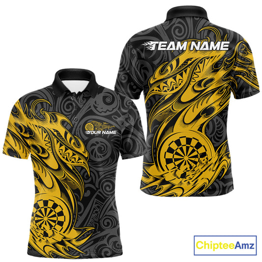 Custom Black And Yellow Tribal Polynesian Dart Team Men Shirts, Niho Mano Dart Shirt IPHW10763