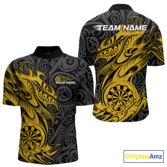 Custom Black And Yellow Tribal Polynesian Dart Team Men Shirts, Niho Mano Dart Shirt IPHW10763