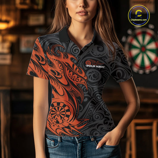 Custom Black And Orange Tribal Polynesian Dart Team Women Shirts, Niho Mano Dart Shirt IPHW10764