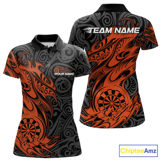 Custom Black And Orange Tribal Polynesian Dart Team Women Shirts, Niho Mano Dart Shirt IPHW10764