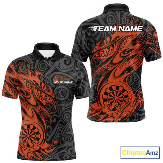 Custom Black And Orange Tribal Polynesian Dart Team Men Shirts, Niho Mano Dart Shirt IPHW10764