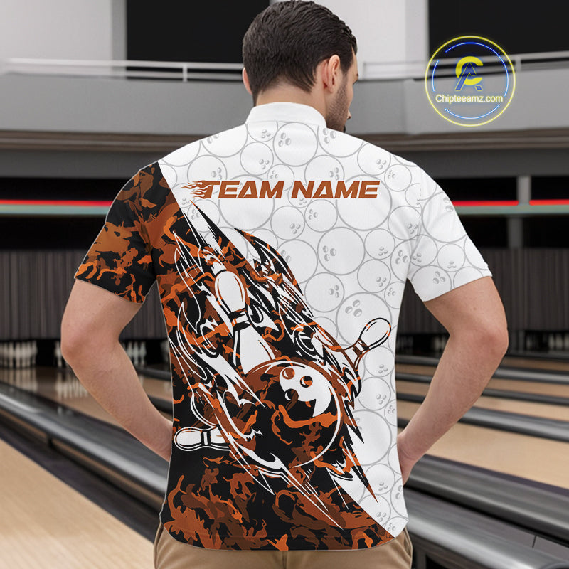 Front view of a male model in a white bowling quarter-zip shirt showcasing yellow camo streak accents and bowling artwork.