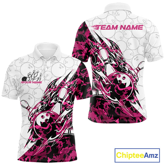 Front and back views of a white mens bowling polo shirt featuring bowling ball and pin artwork with sharp pink camo streaks.