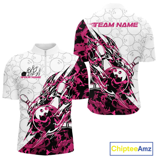 Front and back views of a white mens bowling quarter-zip shirt featuring bowling ball and pin artwork with sharp pink camo streaks.