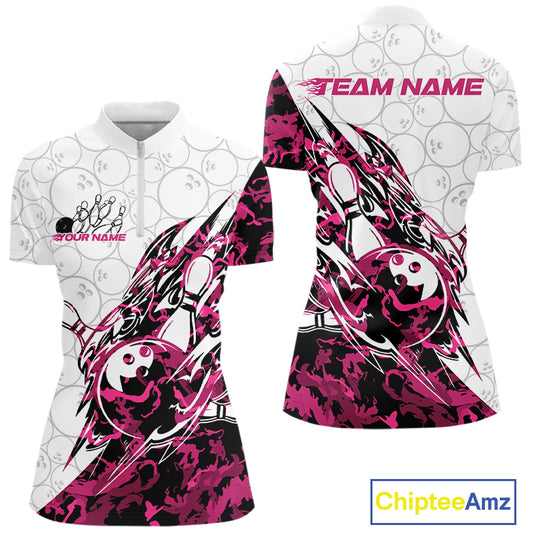 Front and back views of a white womens bowling quarter-zip shirt featuring a bowling ball and pins with sharp pink camo streaks.
