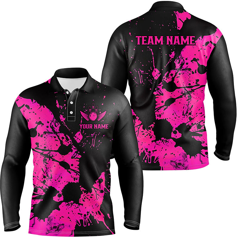 Custom Name Black And Pink Bowling Team Long Sleeve Polo Shirts For Men, Bowling League Jerseys IPHW6433