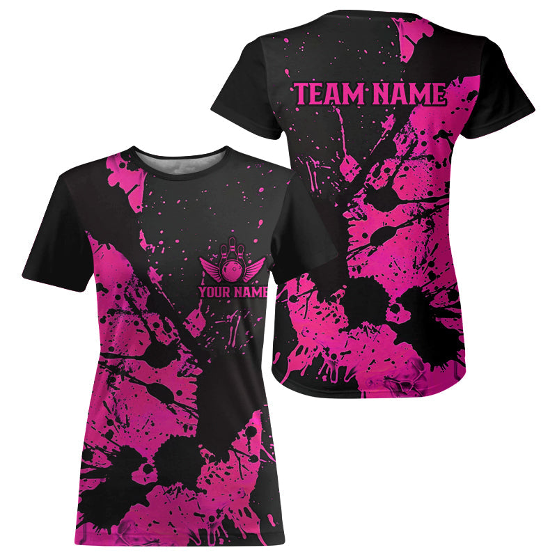 Custom Name Black And Pink Bowling Team T-Shirts For Women, Bowling League Jerseys IPHW6433