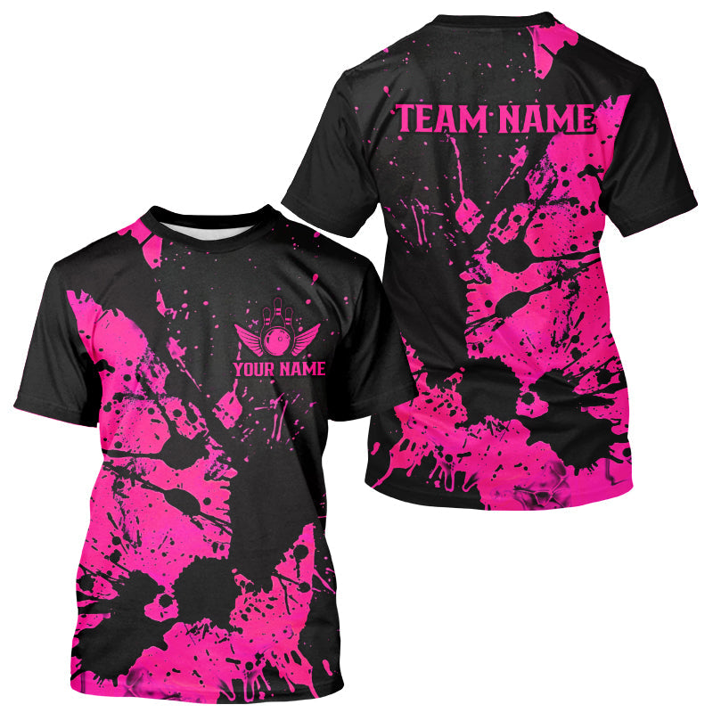 Custom Name Black And Pink Bowling Team T-Shirts For Men, Bowling League Jerseys IPHW6433