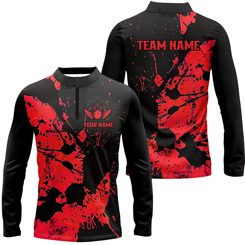 Custom Name Red Splatter Bowling Team Men Long Sleeve Quarter-Zip Shirts, Bowling League Jerseys IPHW6434