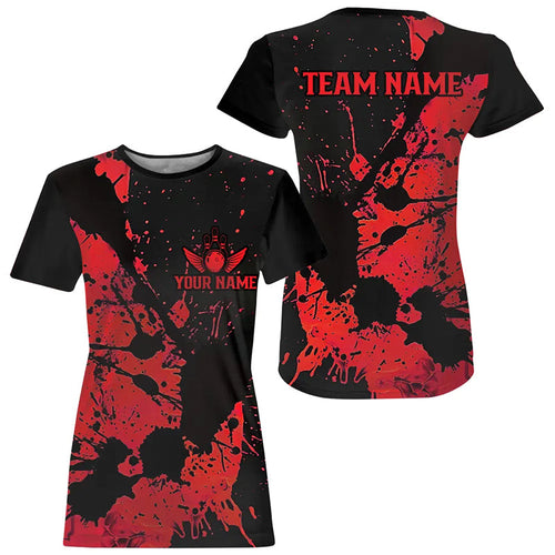 Custom Name Black And Red Splatter Bowling Team Women T-Shirts, Bowling League Jerseys IPHW6434
