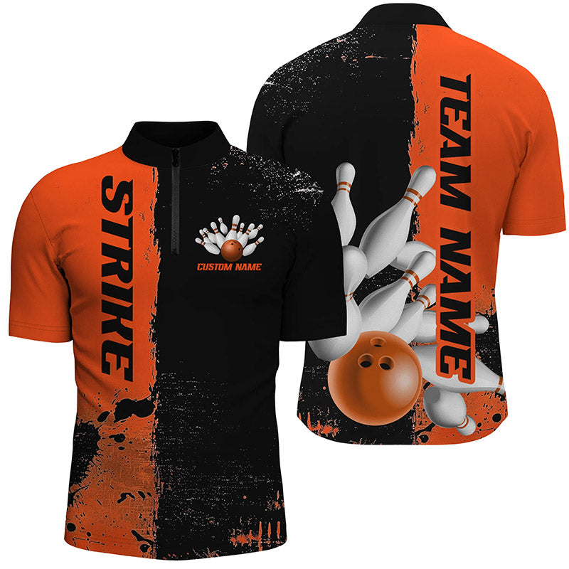 Black And Orange Strike Bowling Team Shirts For Men And Women, Custom Bowling Jerseys For Bowlers IPHW6439
