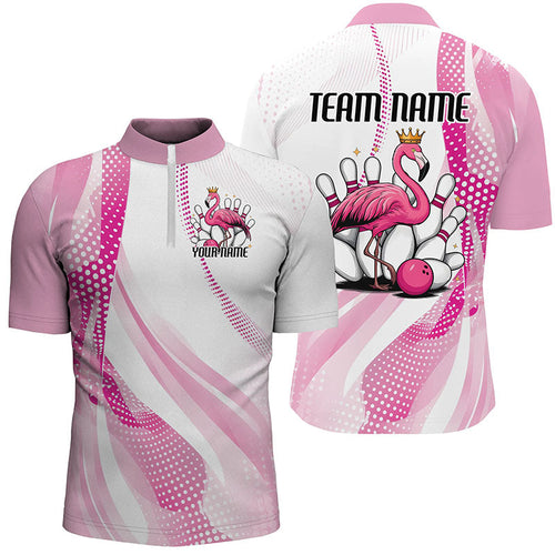 White And Pink Cute Flamingo Custom Bowling Shirts For Men, Flamingo Bowling Team Uniform IPHW7734