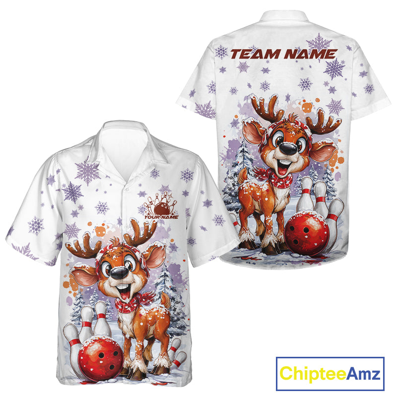 Custom Cute Funny Reindeer Christmas Bowling Men And Women Hawaiian Shirts, Xmas Team Bowling Shirt IPHW10112