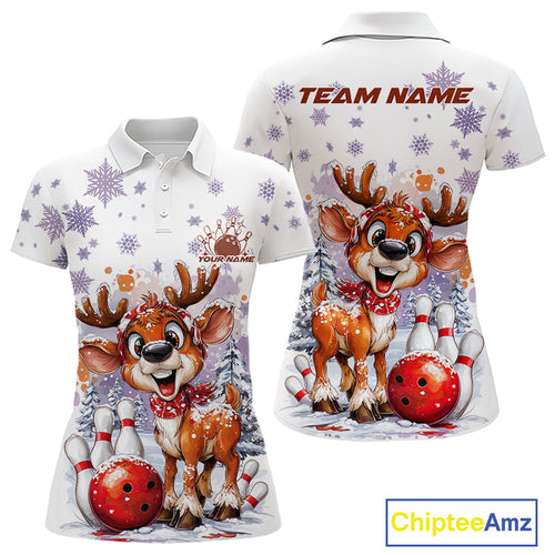 Custom Cute Funny Reindeer Christmas Bowling Women Polo Shirts, Xmas Team Bowling Shirt IPHW10112