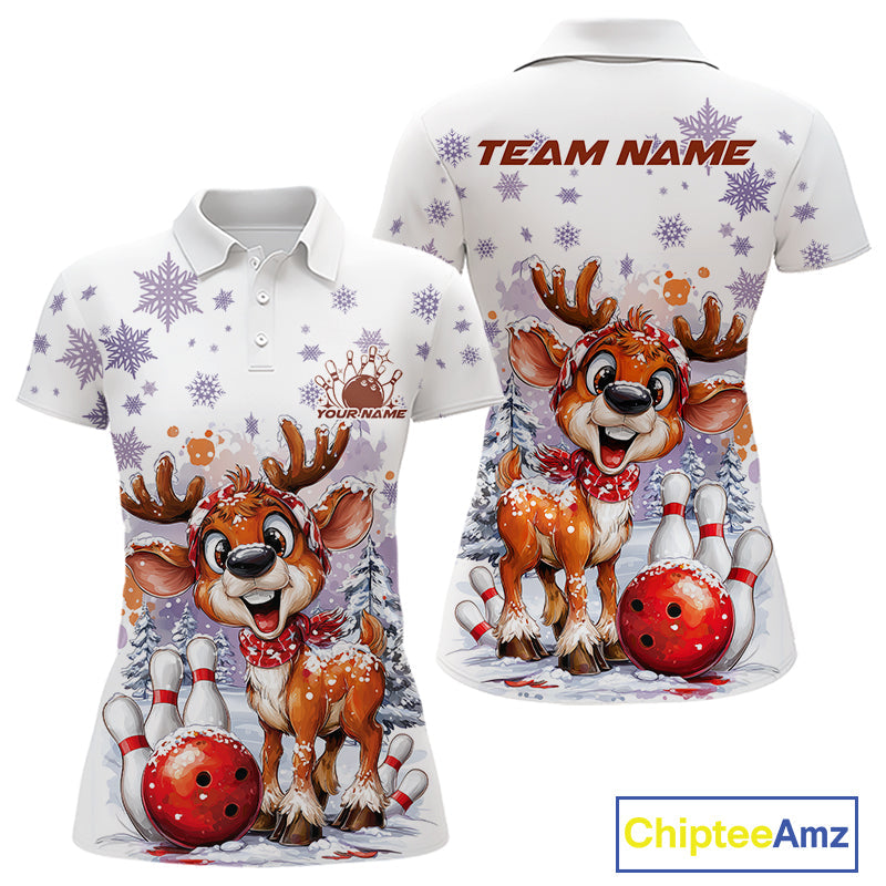 Custom Cute Funny Reindeer Christmas Bowling Women Polo Shirts, Xmas Team Bowling Shirt IPHW10112
