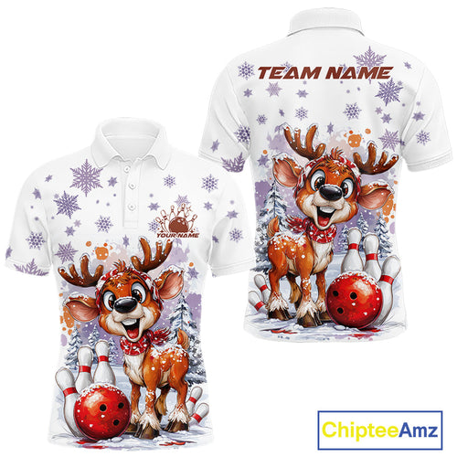 Custom Cute Funny Reindeer Christmas Bowling Men Polo Shirts, Xmas Team Bowling Shirt IPHW10112