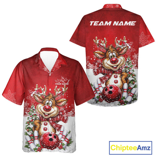 Custom Cute Funny Reindeer Christmas Bowling Men And Women Hawaiian Shirts, Xmas Team Bowling Outfit IPHW10115